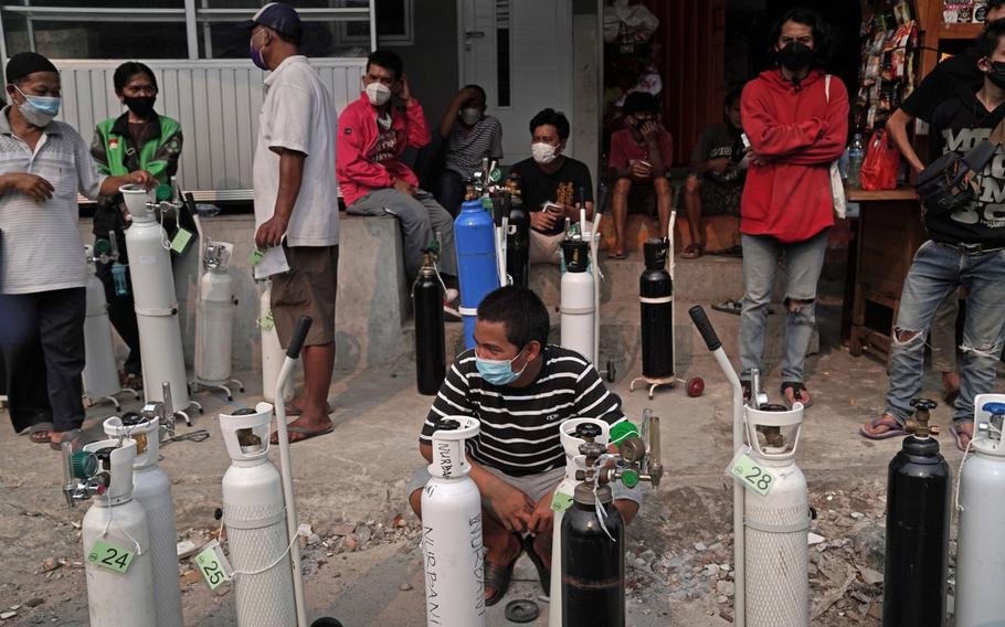 An oxygen tank refilling station in Jakarta, Indonesia, on July 5, 2021.