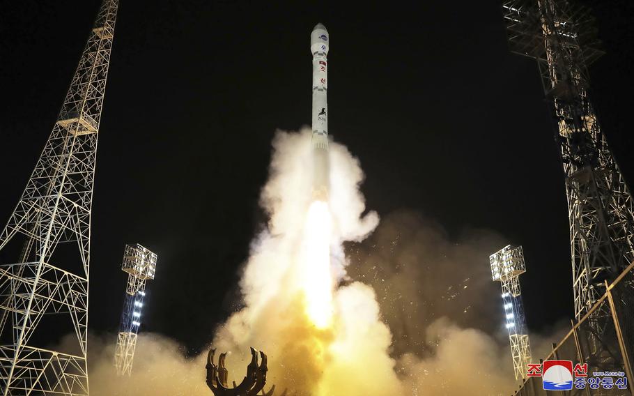 This photo provided by the North Korean government shows what the country said is the launch of the Malligyong-1, a military spy satellite, into orbit on Nov. 21, 2023.