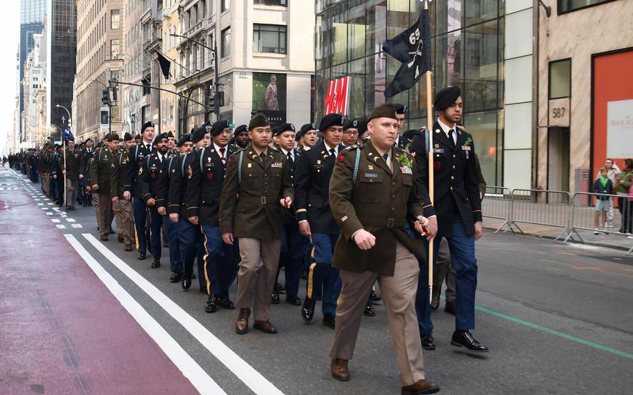 Soldiers with the New York National Guard’s 1st Battalion, 69th Infantry Regiment, 27th Infantry Brigade Combat Team, 42nd Infantry Division, lead the annual New York City St. Patrick’s Day Parade, Saturday, March 16, 2024.