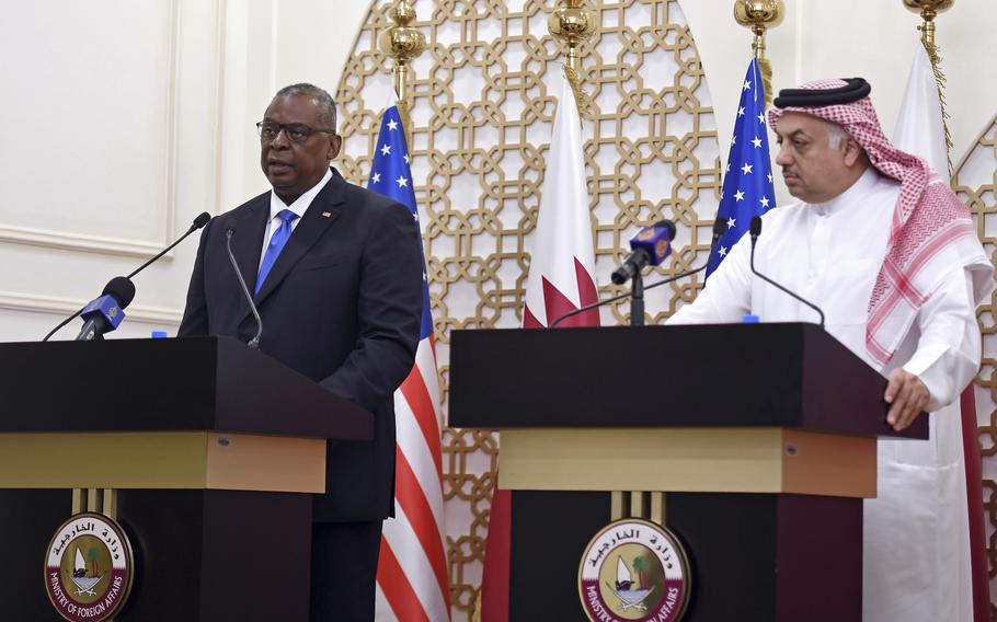 U.S. Secretary of Defense Lloyd Austin speaks during a joint news conference with U.S. Secretary of State Antony Blinken, Qatari Deputy Prime Minister and Foreign Minister Mohammed bin Abdulrahman al-Thani, and Qatari Defense Minister Khalid Bin Mohammed Al-Attiyah, right, at the Ministry of Foreign Affairs in Doha, Qatar, Tuesday, Sept. 7, 2021.