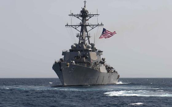 The destroyer USS Arleigh Burke transits the Mediterranean Sea in 2018. Seaman Recruit David "Dee" Spearman was lost overboard Aug. 1, 2022, while the ship was operating in the Baltic Sea, the Navy announced Aug. 4.