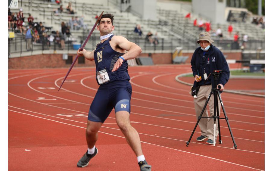Navy’s Braden Presser throws a javelin at the 2021 Patriot League Championships in West Point, New York. The junior set a school record of 249 feet, 4 inches at the NCAA Championships on June 7, 2023, earning All-America honors for the second straight year.