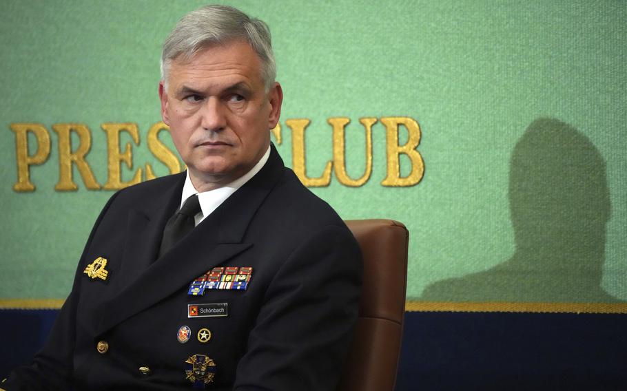 Germany’s Chief of Navy Vice Adm. Kay-Achim Schonbach attends a press conference at the Japan National Press Club Tuesday, Nov. 9, 2021, in Tokyo. 