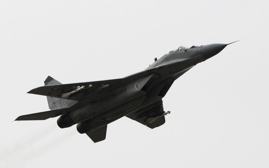 A view of a MiG-29 aircraft at Sliac Air Base, in Sliac, Slovakia, Feb. 29, 2008. Slovakia’s government has approved a plan to give Ukraine its fleet of Soviet-era MiG-29 fighter jets. Prime Minister Eduard Heger announced the unanimous decision of his government on Friday, March 17, 2023. 