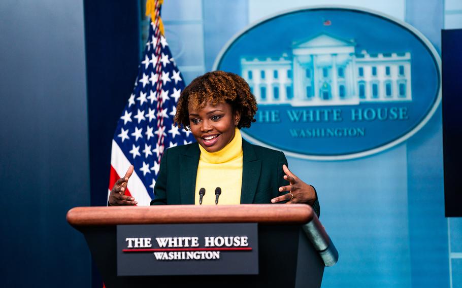 Karine Jean-Pierre, seen here in February as deputy White House press secretary, has moved into the White House press secretary position. 
