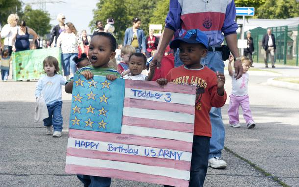 Hed: Army birthday parade, 2009

Wiesbaden, Germany, June 12, 2009: Ehlija McKain, left, 2, and Eric Graham, 3, participate in a parade at Wiesbaden Army Airfield in Germany to mark the U.S. Army's 234th birthday.  The parade is part of U.S. Army Garrison Wiesbaden’s Child, Youth & School Services. The Army's official birthday is June 14.

META TAGS: 250th; U.S. Army; birthday; parade; 