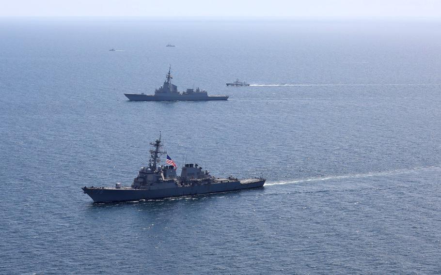 Ships sail the Black Sea in July 2020 during the annual Sea Breeze exercise. Sea Breeze 2021 begins June 28, with Russia threatening possible military repercussions. 