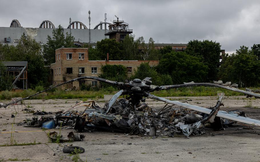 The wreckage of a Russian helicopter shot down by a Ukrainian national guard unit at the airport in Hostomel. 