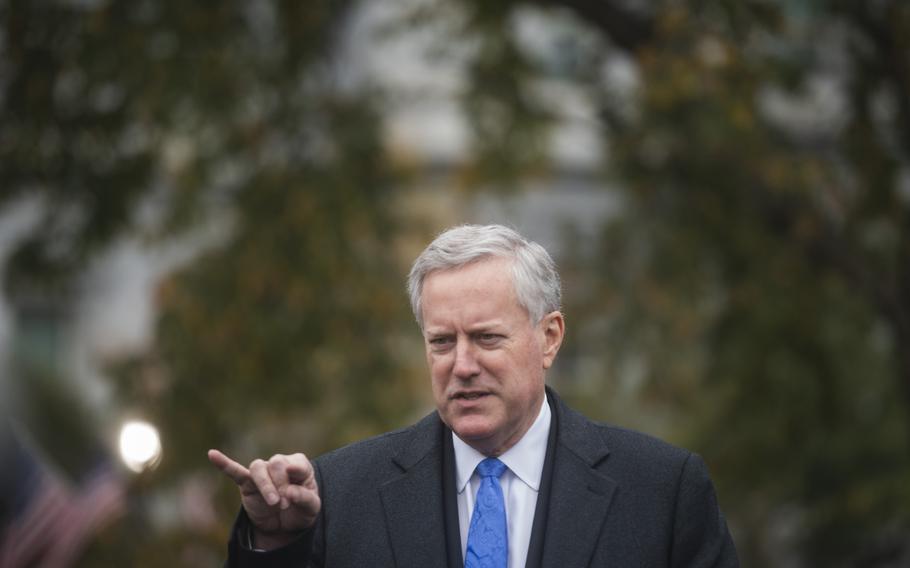 Then-White House chief of staff Mark Meadows addresses the press on Oct. 26, 2020, in Washington.