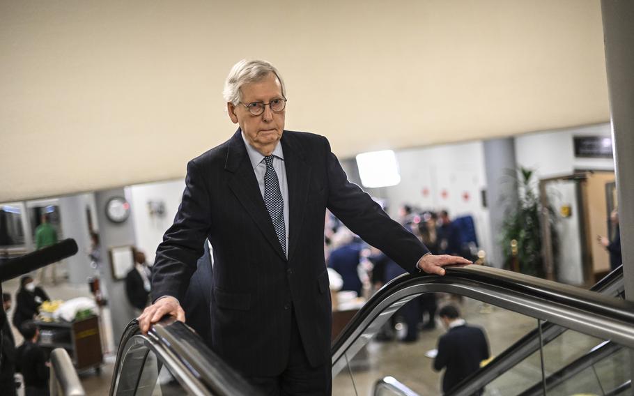 Senate Minority Leader Mitch McConnell (R-Ky.) on Feb. 14. On March 8, he suffered a concussion in a fall. 