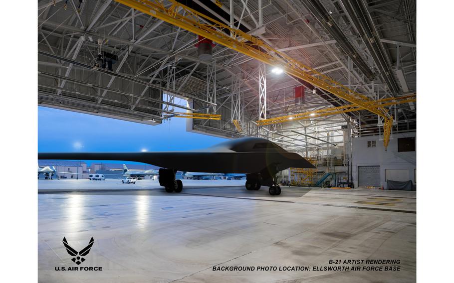 This is an artist rendering of a B-21 Raider in a hangar at Ellsworth Air Force Base, S.D. Ellsworth Air Force Base in South Dakota is one of the bases expected to host the new bomber.