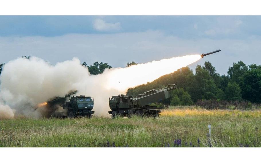 Undated photo of a High Mobility Artillery Rocket System, also known as HIMARS, firing. President Joe Biden on Monday, Aug. 1, 2022, authorized a new $550 million military aid package including rocket system and artillery ammunition for Ukraine, National Security Council spokesman John Kirby told reporters at the White House. 