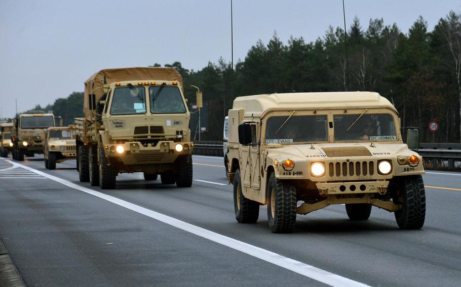 A U.S. Army convoy drives along autobahn A7 near Hannover, Germany, in 2017 on its way to Poland. Germany, Poland and the Netherlands signed a memorandum of intent Jan. 30, 2024, to establish a military corridor, which could help simplify the rules for moving forces around Europe.