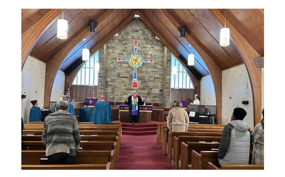 The Rev. Chris Deacon delivers a message during a Sunday service at Northwood Presbyterian Church in Silver Spring, Md., on Jan. 21, 2024, to a crowd that totaled 19 people. One attended online, he said.