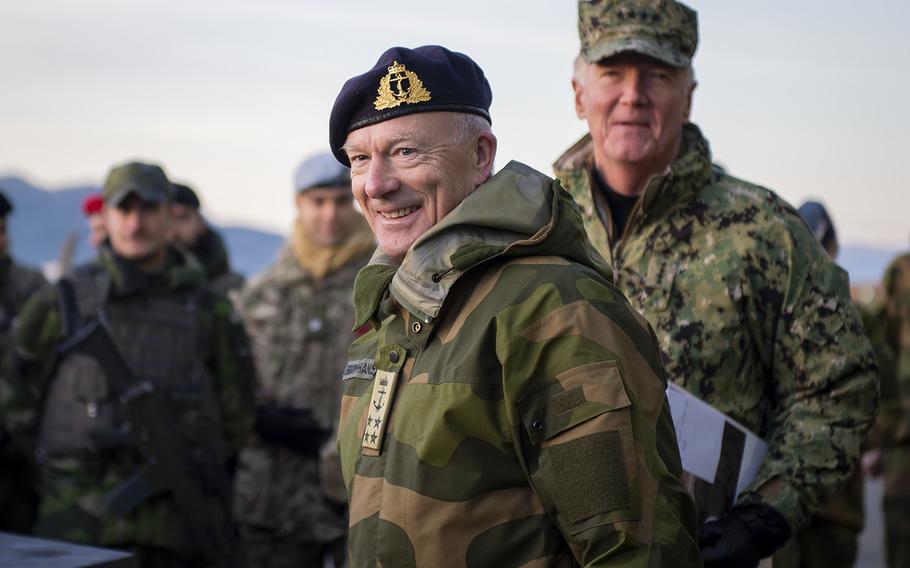 Admiral Haakon Bruun-Hansen, left, Chief of Defense of Norway attends a briefing in Vaernes Garrison, Stjørdal, Norway during a NATO exercise on Nov. 7, 2018.