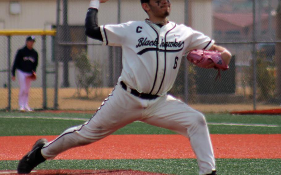 Humphreys right-hander Levi Ramos delivers against ROK/SIS Dreamers during Saturday’s Korea baseball game. The Blackhawks won 11-9.