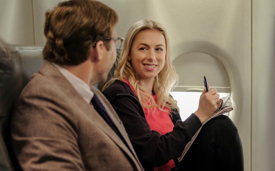 From left: Ryan Hansen as Dennis Kelly and Iliza Shlesinger as Andrea Singer in “Good on Paper.”  