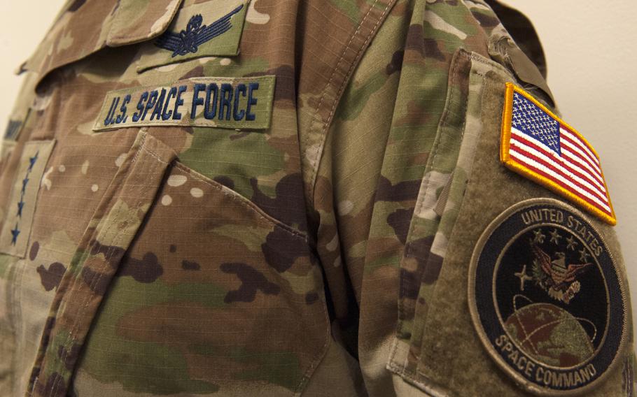 The chief of space operations for the U.S. Space Force displays the service’s uniform nametapes in the Pentagon Jan. 17. 2020, in Arlington, Va. 