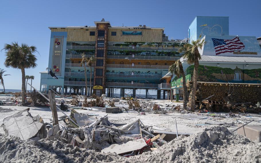 The Lani Kai Hotel stands surrounded by debris on Oct. 7, 2022 in Fort Myers Beach, Fla. Hurricane Ian’s storm surge caused catastrophic damage on the barrier island. 