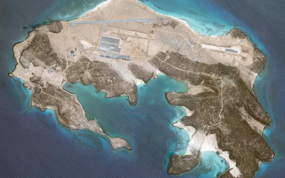 A mysterious air base being built on Yemen’s volcanic Mayun Island as seen from a satellite image on Tuesday, May 25, 2021. A Yemeni officials demanded answers Wednesday after an Associated Press report the base being built on an island in one of the world’s crucial maritime chokepoints.  