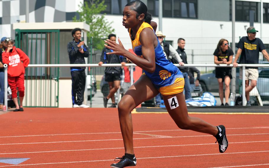 Wiesbaden’s Makiah Parker takes off out of the blocks on her way to winning the girls 400-meter race in 58.92 seconds at the DODEA-Europe track and field championships in Kaiserslautern, Germany. She also won the 100- and 200-meter races and anchored the winning 4x400-meter relay team.