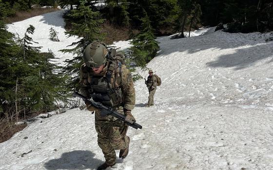 Deputies hike up a snowy hill in the woods in search of a suspect.