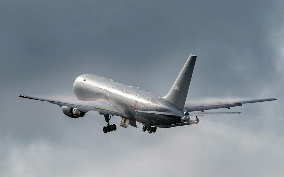 The first of four KC-46A Pegasus aerial refuelers arrives at Miho Air Base, Japan, Friday, Oct. 29, 2021.