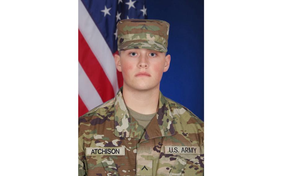 Army Pfc. Jacob T. Atchison pictured at Fort Moore, where he was training to join the infantry before his death due to a medical emergency July 12, 2023, during a training event. 