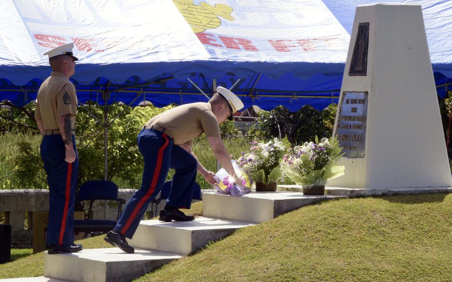 Famed war correspondent Ernie Pyle is honored during a ceremony Sunday, April 16, 2023, near the spot where he was killed during World War II on Ie Shima, Okinawa.