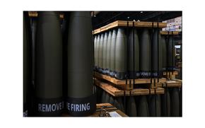 Pallets loaded with 155 mm M795 artillery projectiles are stored for shipping to other facilities to complete the manufacturing process at the Scranton Army Ammunition Plant in Scranton, Pa., on April 13, 2023. 