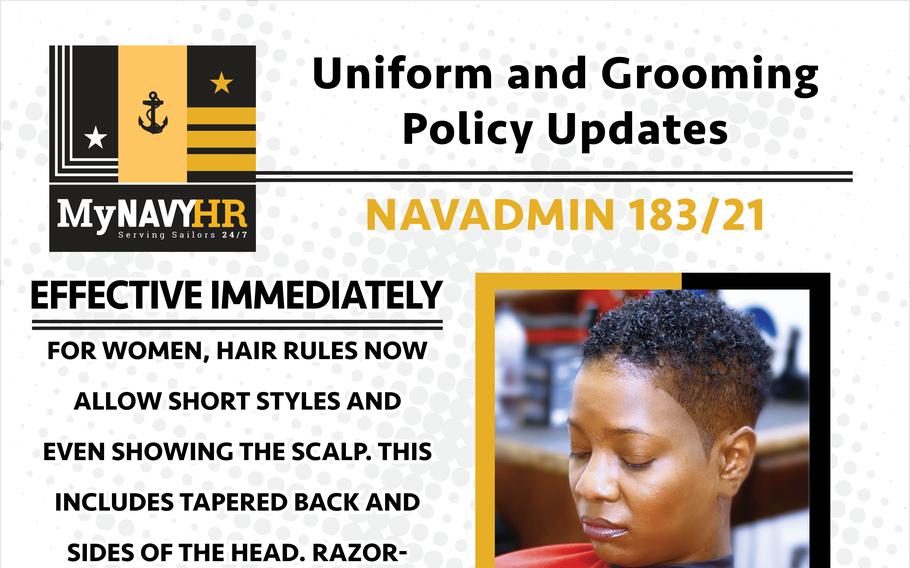 The Navy grooming policy for women was updated to allow “very short hair styles” that show the scalp. 