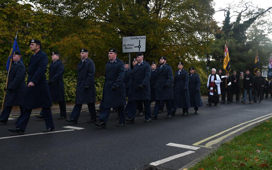 Members of the U.S. Air Force 48th Security Forces Squadron at RAF Lakenheath, England, march in the Remembrance Day parade in Stowmarket on Nov. 12, 2023.