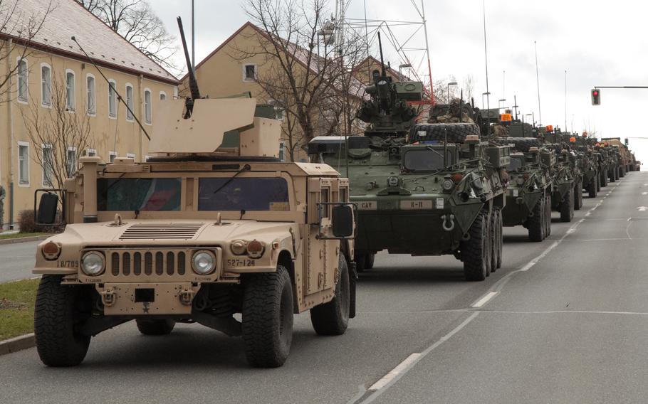 A convoy of 2nd Cavalry Regiment vehicles parade through Rose Barracks in Vilseck, Germany in 2015. Europeans, especially Germans, favor U.S. involvement in European security matters, according to a German Marshall Fund poll released June 7, 2021.