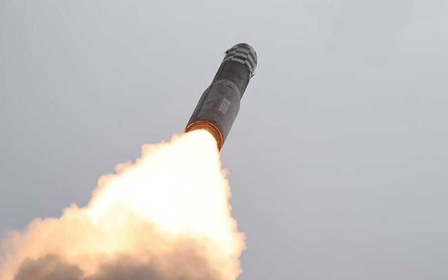 North Korea launches a Hwasong-18 intercontinental ballistic missile in this image released by the state-run Korean Central News Agency, Thursday, July 13, 2023.