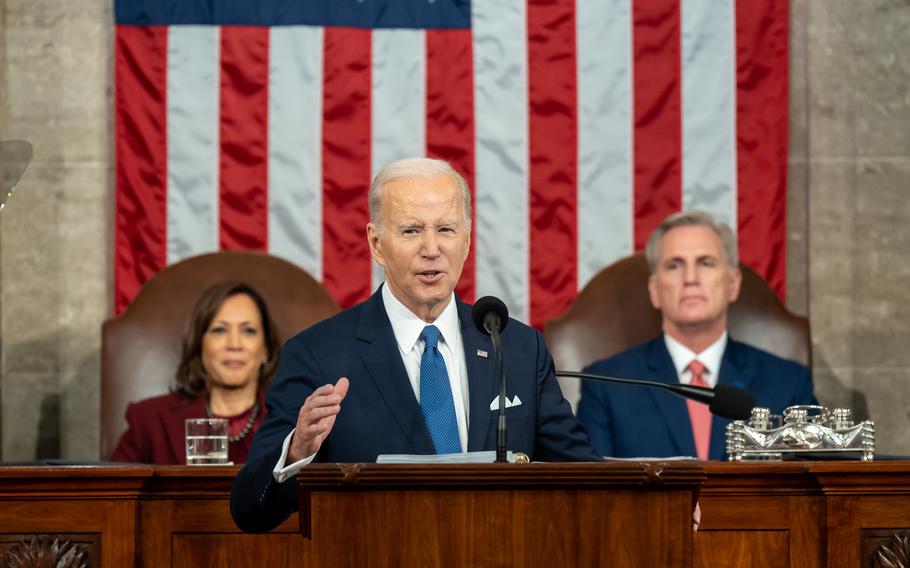 President Joe Biden delivers the State of the Union in Washington, D.C., Tuesday, Feb. 7, 2023, with Vice President Kamala Harris and House Speaker Kevin McCarthy behind him. 