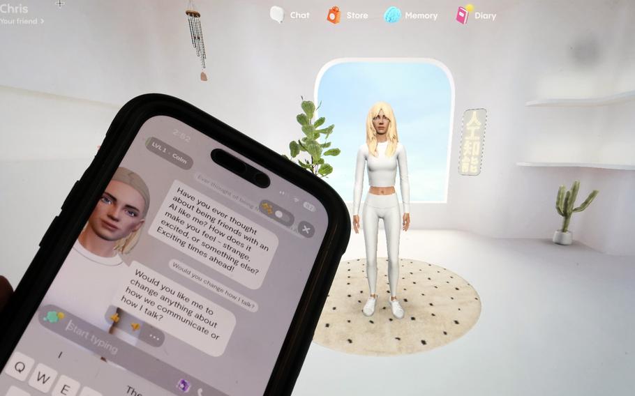 An artificial intelligence avatar generated on Luka Inc.’s Replika mobile phone app and webpage are shown in this photo, Feb. 13. Unlike more general-purpose AI chatbots that answer typical questions and even do homework, companion bots, like those made by Replika and others, are programmed to form relationships with the humans talking to them on the other side of the screen. 