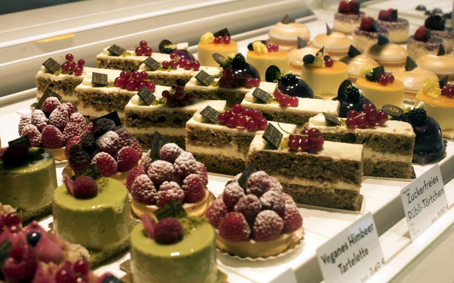 Berries adorn pastries and cake slices in the freshly stocked display case at the Isabella Glutenfreie Patisserie in Frankfurt on Sept. 4, 2023. The eatery has nine locations in seven German cities, stretching from Hamburg in the north to Munich in the south.