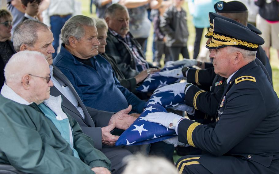 After 72 years, Pfc. Kenneth LeRoy Bridger was finally laid to rest and closure was given to his family during a full military honors graveside ceremony held in Twin Falls, Idaho, on May 21, 2022. Maj. Gen. Michael Garshak, Idaho’s adjutant general, presented Wilber Bridger, Pfc. Bridger’s brother and oldest surviving relative, the U.S. flag and the Purple Heart on his brother's behalf. Bridger’s brothers Lynn and Halbert “Lee” Bridger along with his sister, Florence Fiscus, received the U.S. flag from the Idaho National Guard. The four siblings also received POW/MIA flags from the National League of the POW/MIA Families and local POW/MIA Awareness Associations in his honor. 