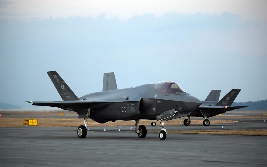 Two F-35A Lightning II stealth fighters from Eielson Air Force Base, Alaska, arrive at Marine Corps Air Station Iwakuni, Japan, Dec. 3, 2021. 