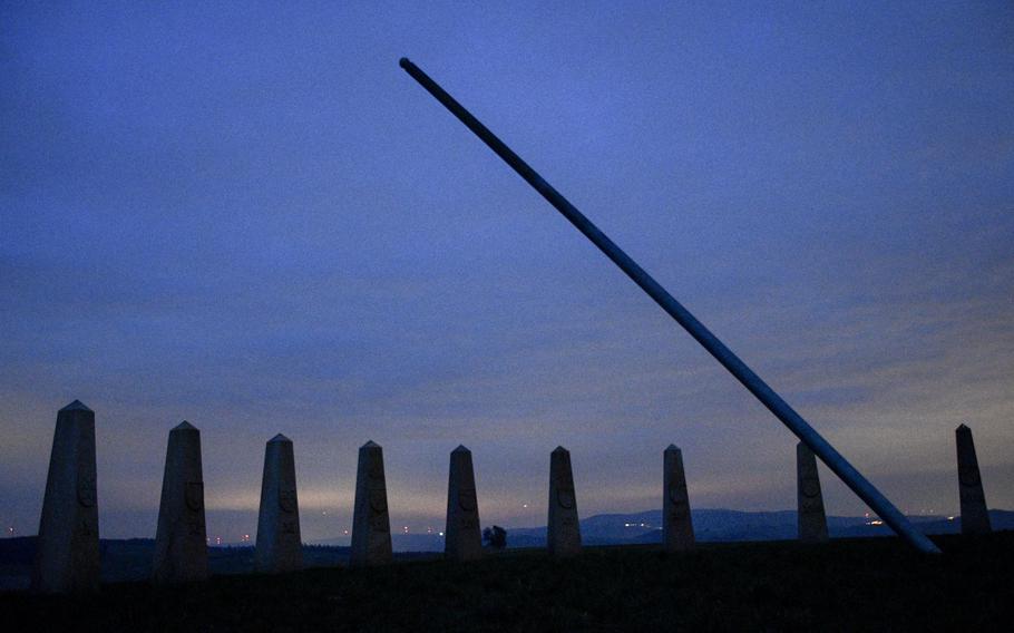 The Reiserberg sundial in Heiligenmoschel, Germany. Each obelisk is adorned with the coat of arms of one of the surrounding communities. 