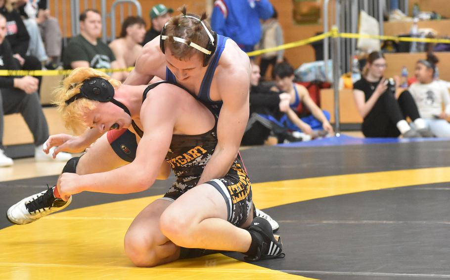 Ramstein’s Kydan Echard won a 150-pound semifinal match against Stuttgart’s Andrew Morrow, left, on Saturday, Feb. 10, 2024, at the DODEA European Wrestling Championships in Wiesbaden, Germany.