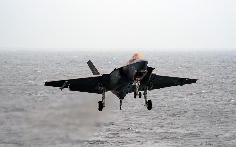 An F-35C Lightning II prepares to land on the aircraft carrier USS Carl Vinson in the South China Sea, Jan. 13, 2022. 