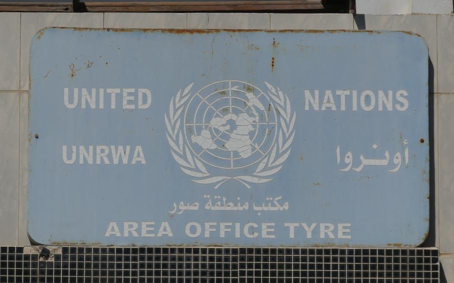Sign of the area office of the United Nations Relief and Works Agency for Palestine Refugees in the Near East (UNRWA) in Tyre/Sour, Southern Lebanon.