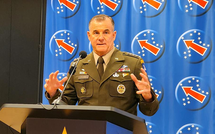 Gen. Charles Flynn, commander of U.S. Army Pacific, speaks to reporters during a news conference at the LANPAC Symposium on Waikiki Beach, Hawaii, May 14, 2024.