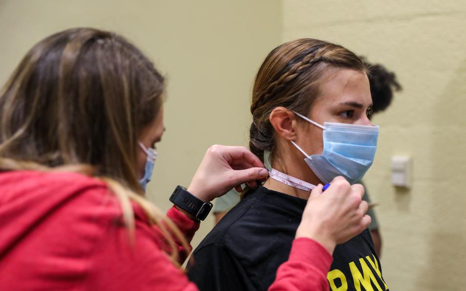 A soldier receives a standard tape test at Fort Bragg, N.C., in October 2021. 