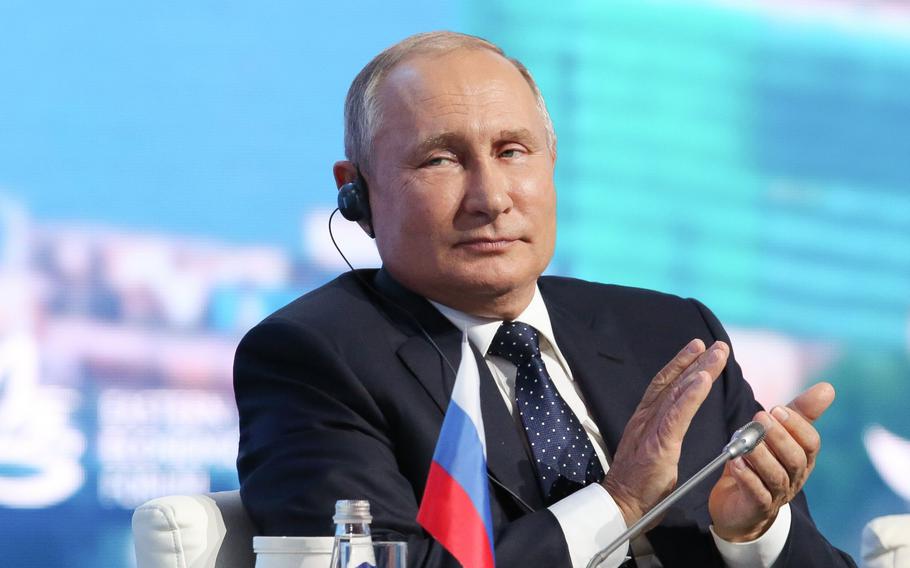 Vladimir Putin, Russia's president, at the Eastern Economic Forum in Vladivostok, Russia, on Sept. 5, 2019.