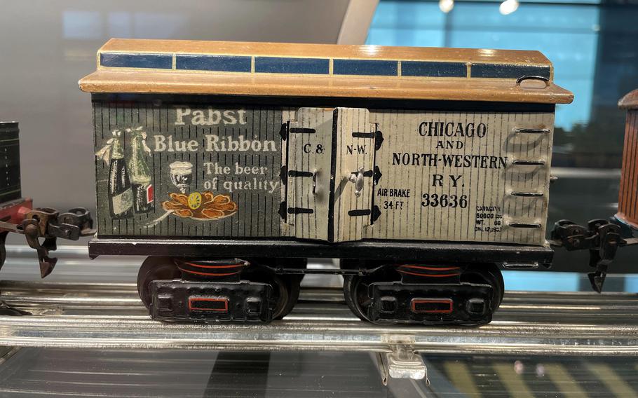Some of the model trains made by the German toy making company Maerklin were made especially for export to the United States, such as this beer car advertising Pabst Blue Ribbon. 