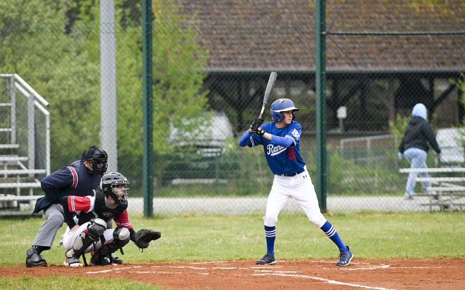 Ramstein's Liam Delp leads off during the first inning of a game against Kaiserslautern on Saturday, April 30, 2022.