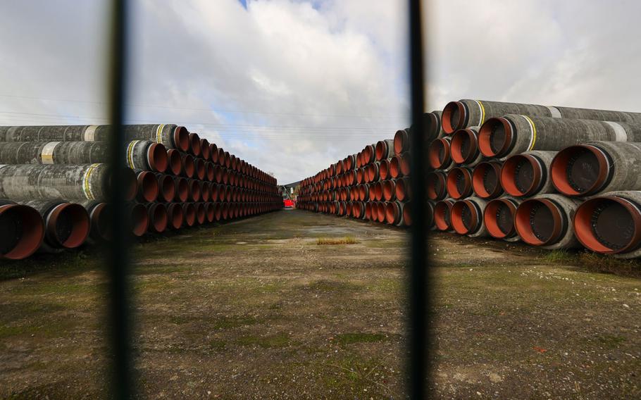 Sections of Nord Stream 2 pipes at the Baltic port of Mukran on the island of Ruegen in Sassnitz, Germany, on Wednesday, Nov. 4, 2020.