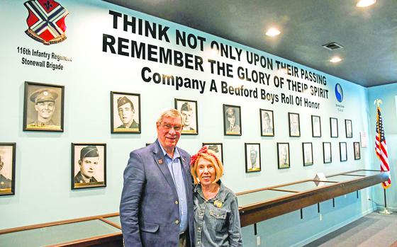 Ken and Linda Parker inside the new Bedford Boys Tribute Center in Bedford, Va., on May 14, 2019. The Parkers opened the center in what used to be Green’s Drug Store, where Western Union telegrams arrived in July 1944, altering Bedford families of their sons, brothers and husbands who were killed during the invasion of Normandy.